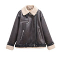 Brown Faux Leather Sherpa Trim Belted Aviator Jacket - Dark Brown