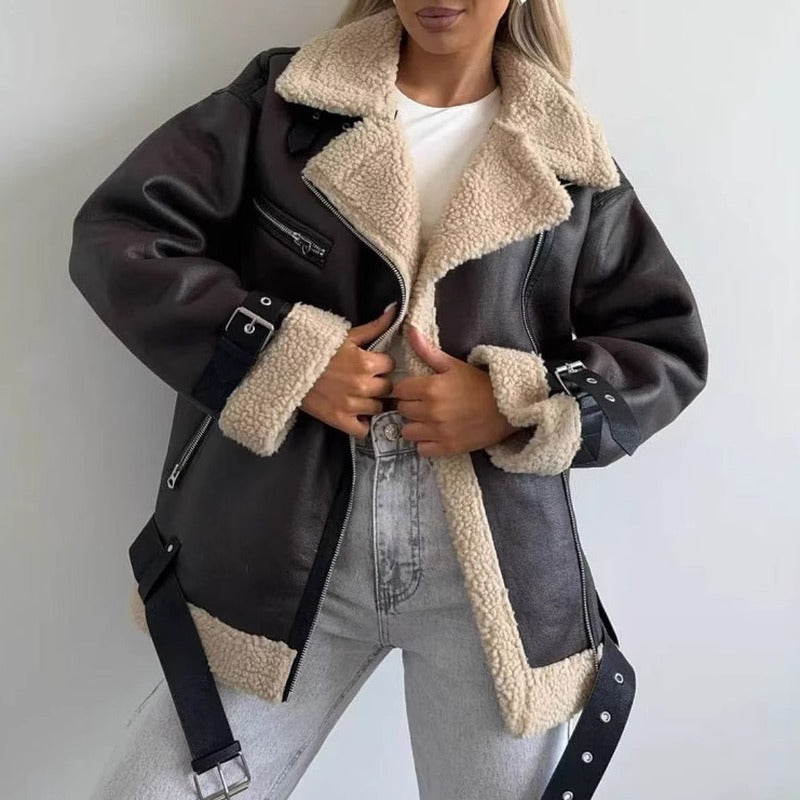 Brown Faux Leather Sherpa Trim Belted Aviator Jacket