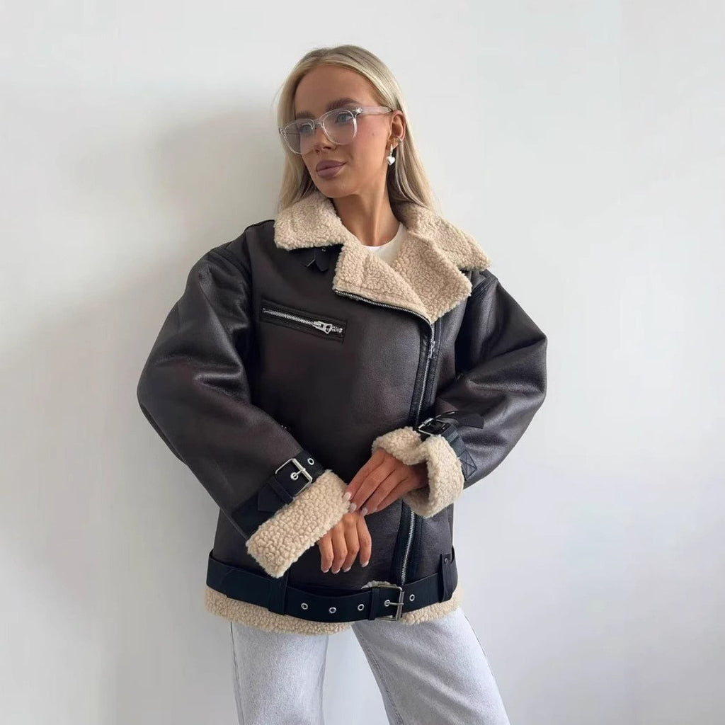Brown Faux Leather Sherpa Trim Belted Aviator Jacket