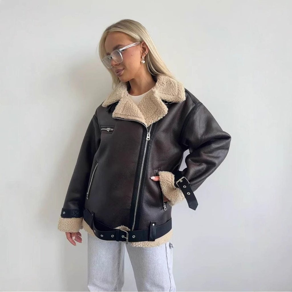 Brown Faux Leather Sherpa Trim Belted Aviator Jacket
