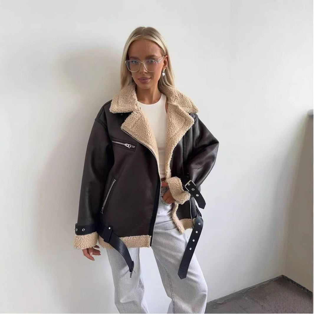 Brown Faux Leather Sherpa Trim Belted Aviator Jacket