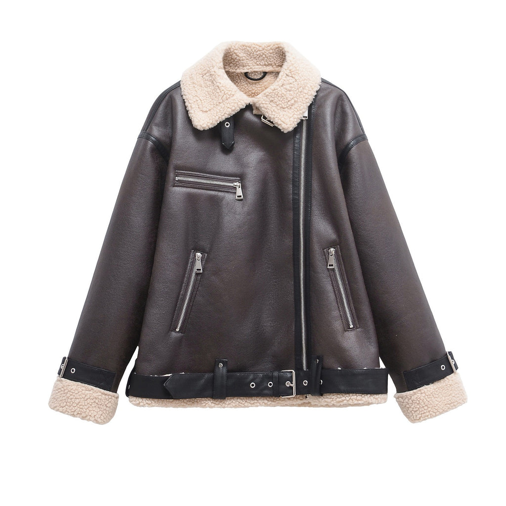Brown Faux Leather Sherpa Trim Belted Aviator Jacket