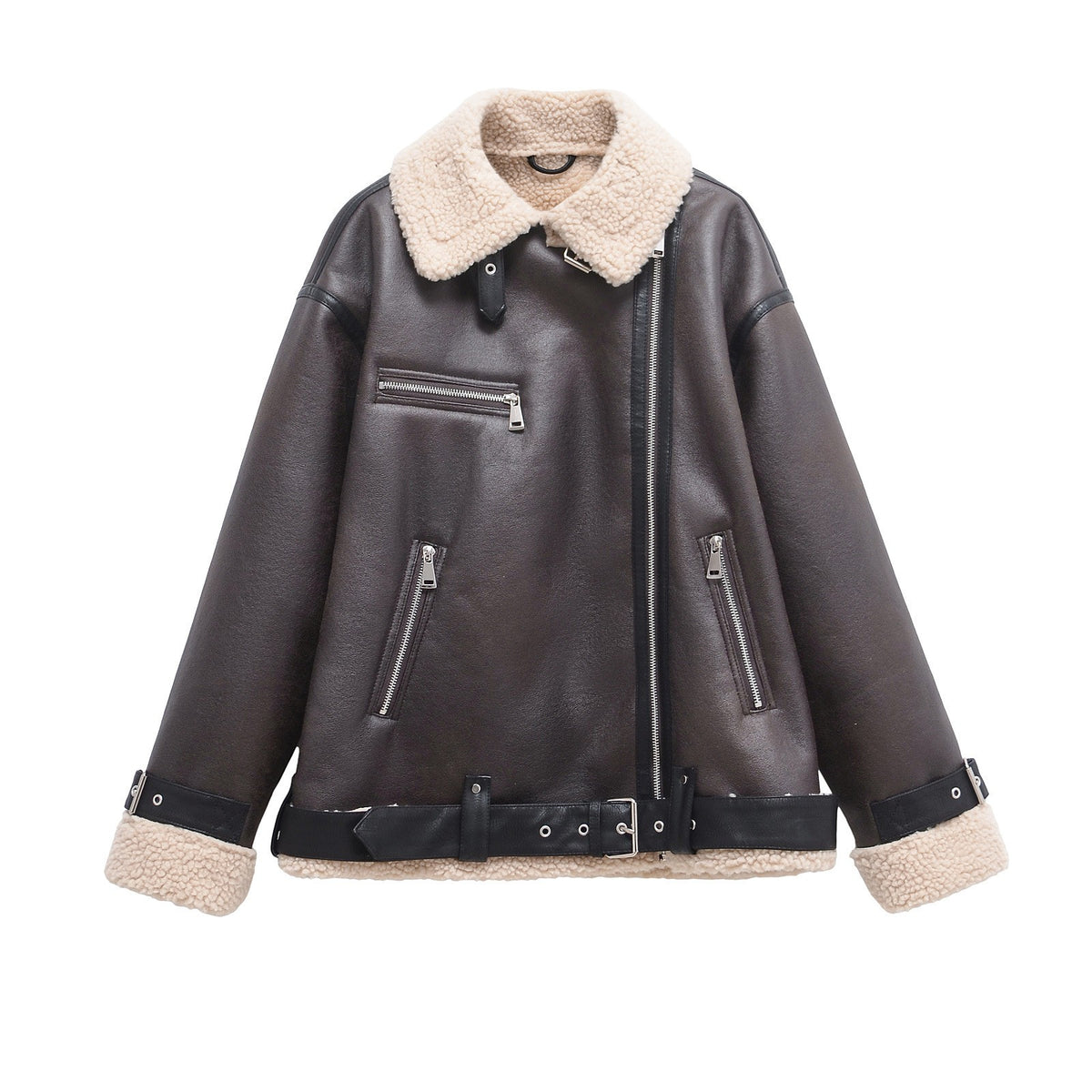 Brown Faux Leather Sherpa Trim Belted Aviator Jacket