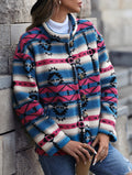 Southwestern Print Stand Collar Fleece Jacket - Blue