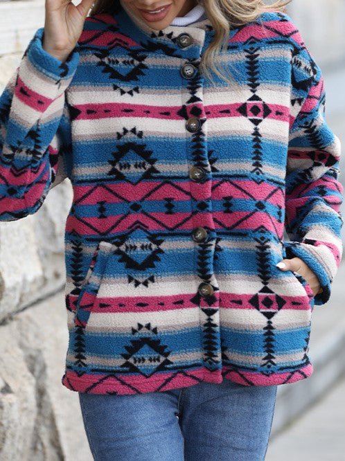 Southwestern Print Stand Collar Fleece Jacket - Blue - 1