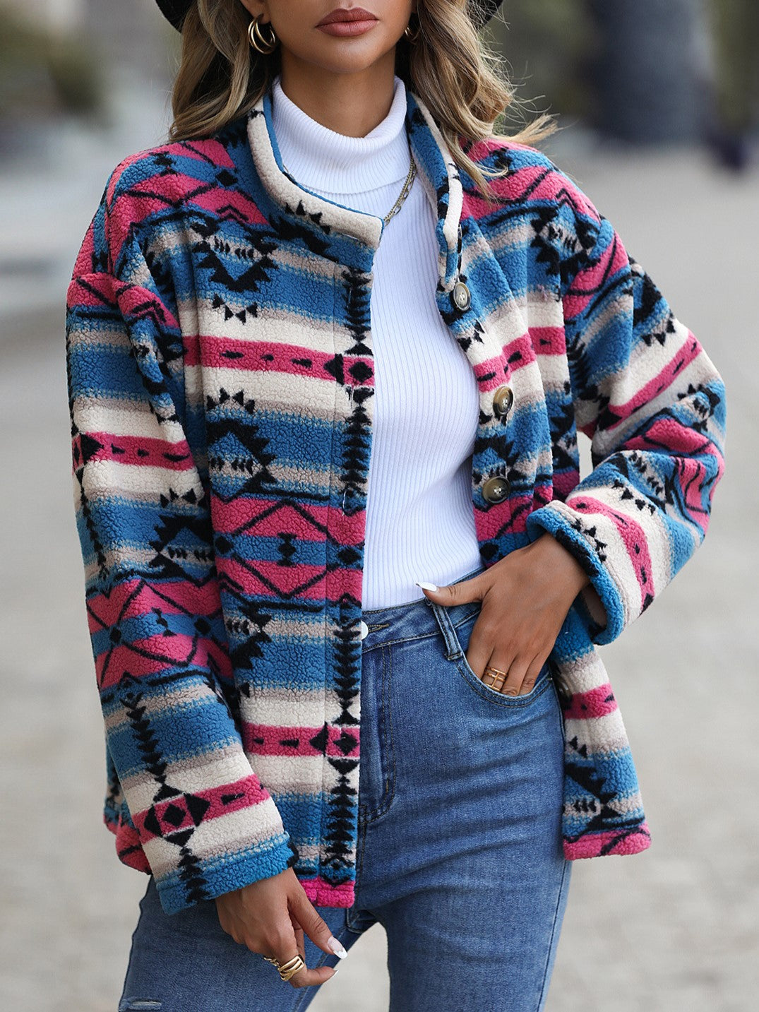 Southwestern Print Stand Collar Fleece Jacket - Blue - 2