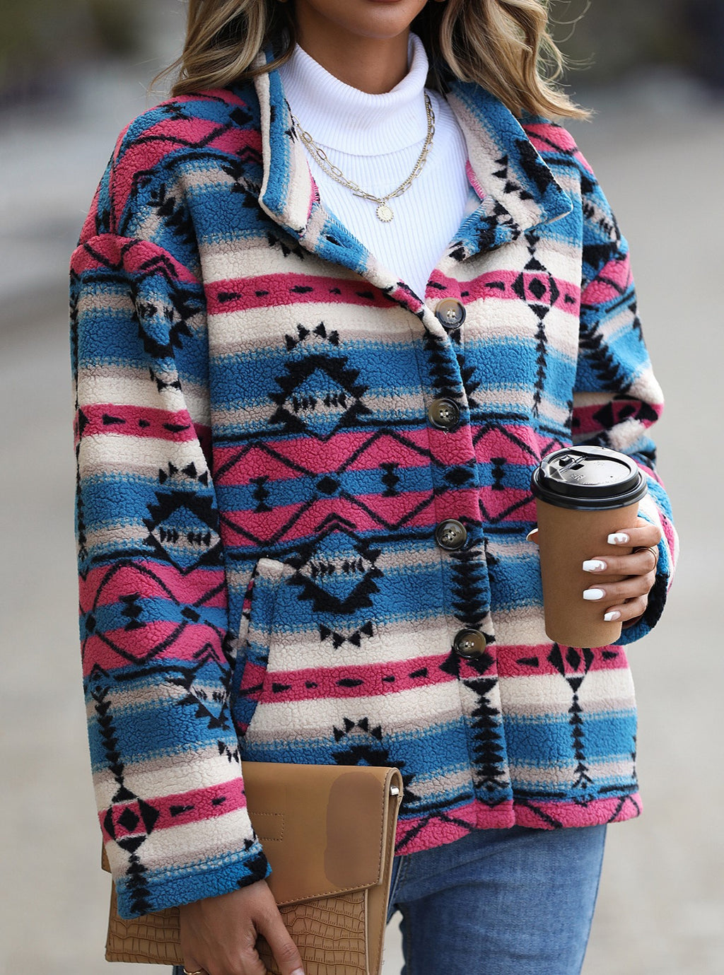 Southwestern Print Stand Collar Fleece Jacket - Blue - 3