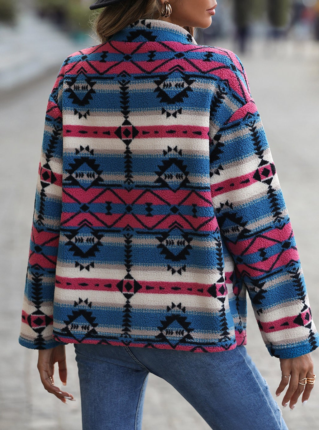 Southwestern Print Stand Collar Fleece Jacket - Blue - 4