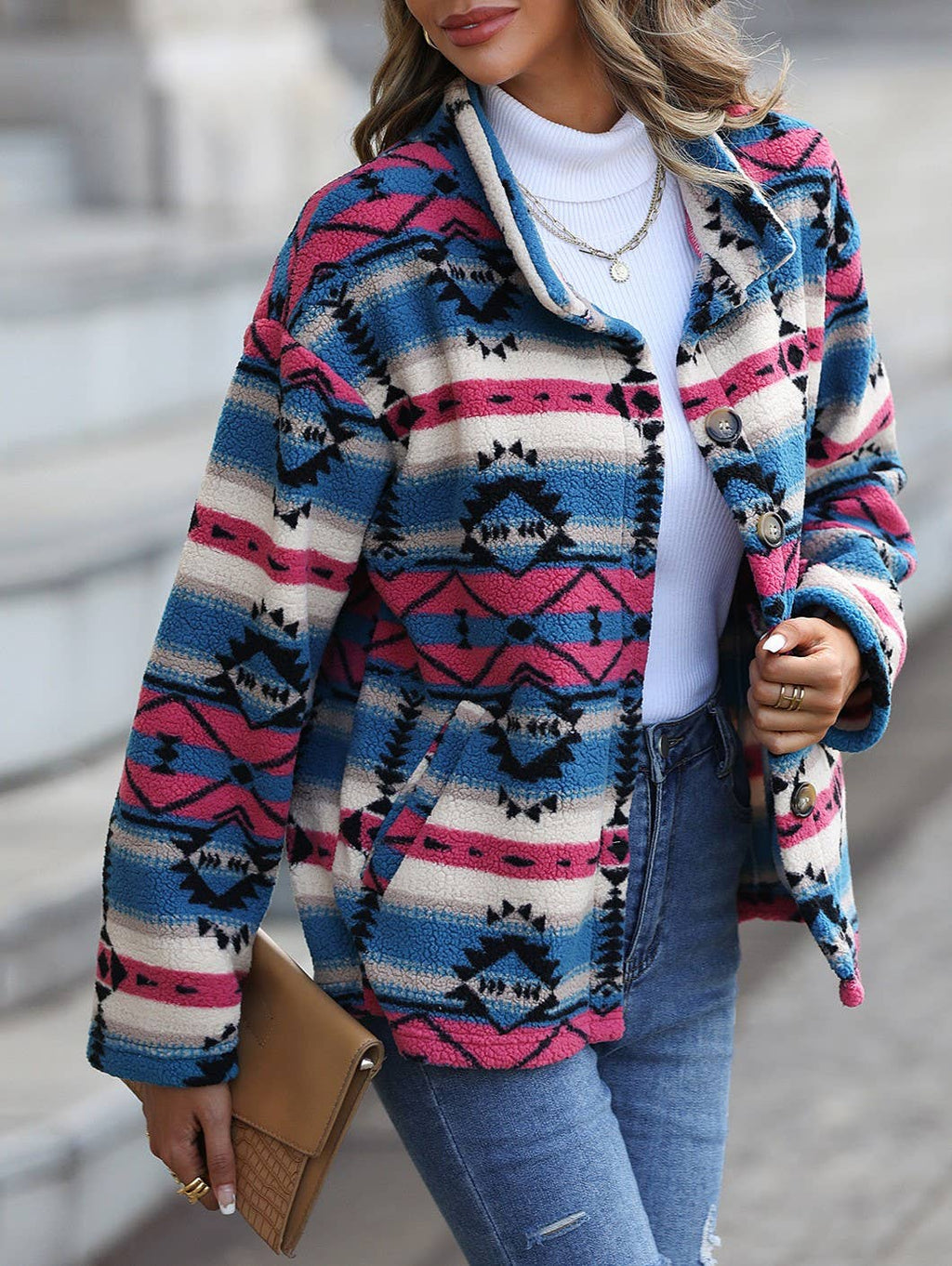 Southwestern Print Stand Collar Fleece Jacket