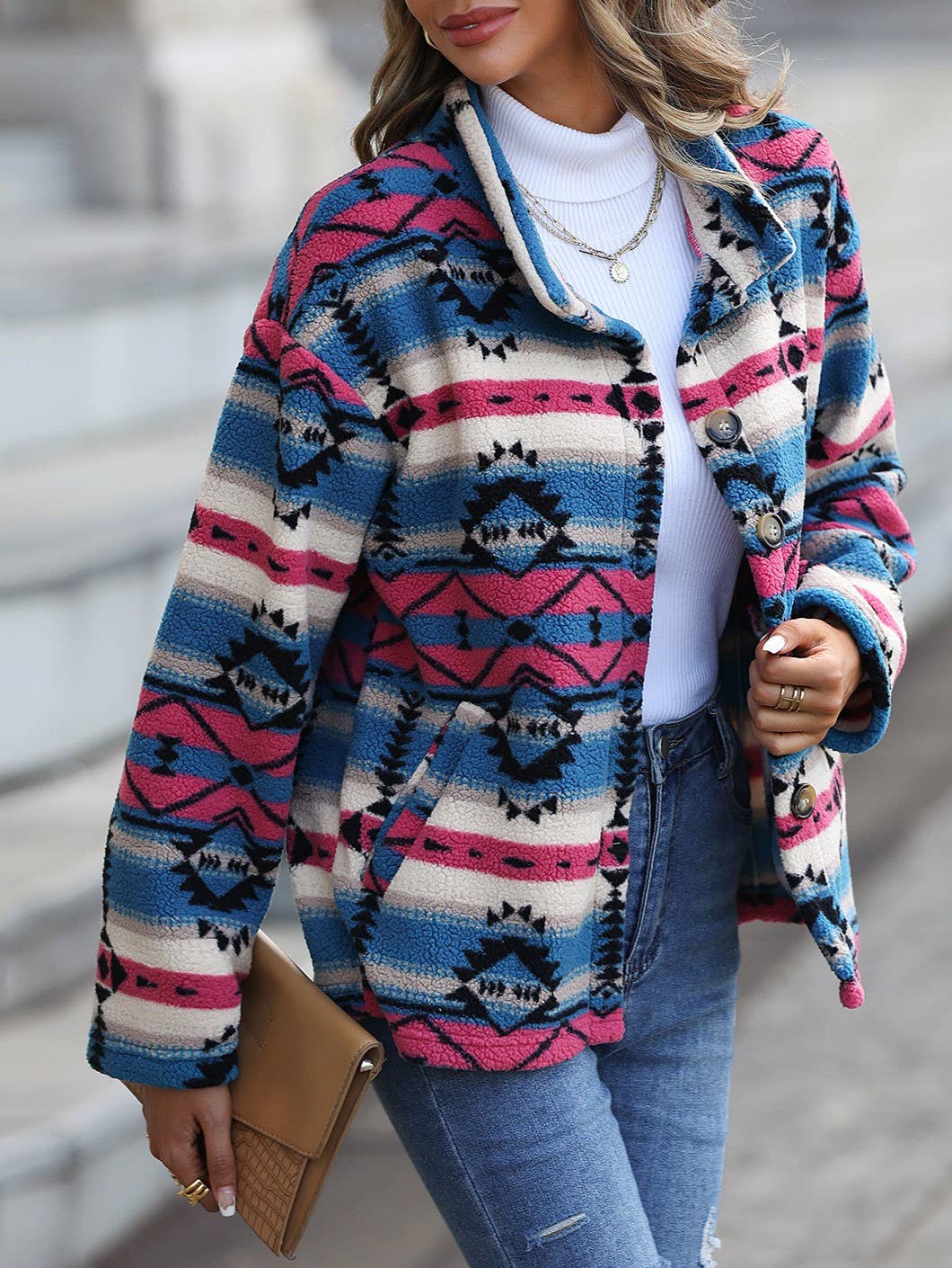 Southwestern Print Stand Collar Fleece Jacket