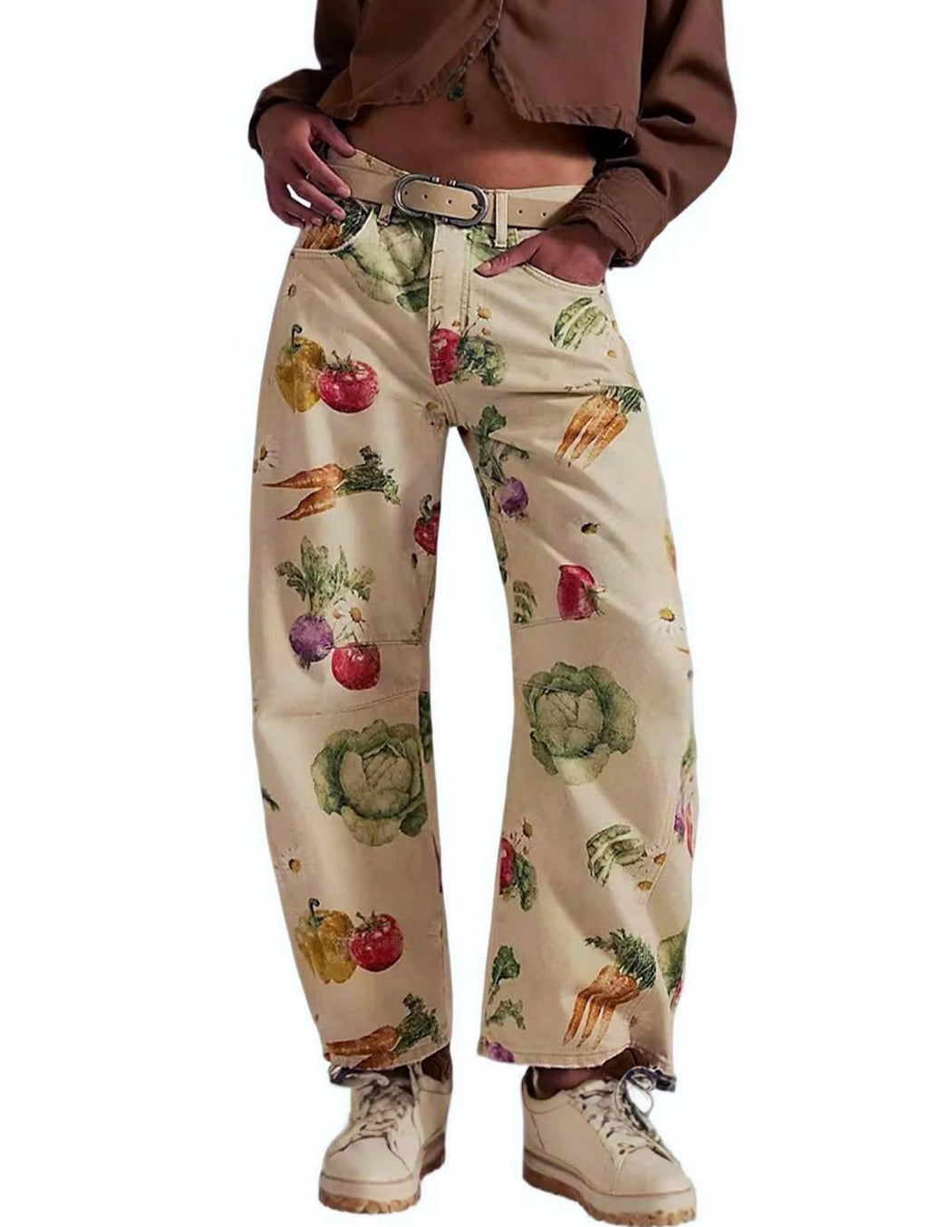 Printed Barrel Leg High Waist Jeans - Begie