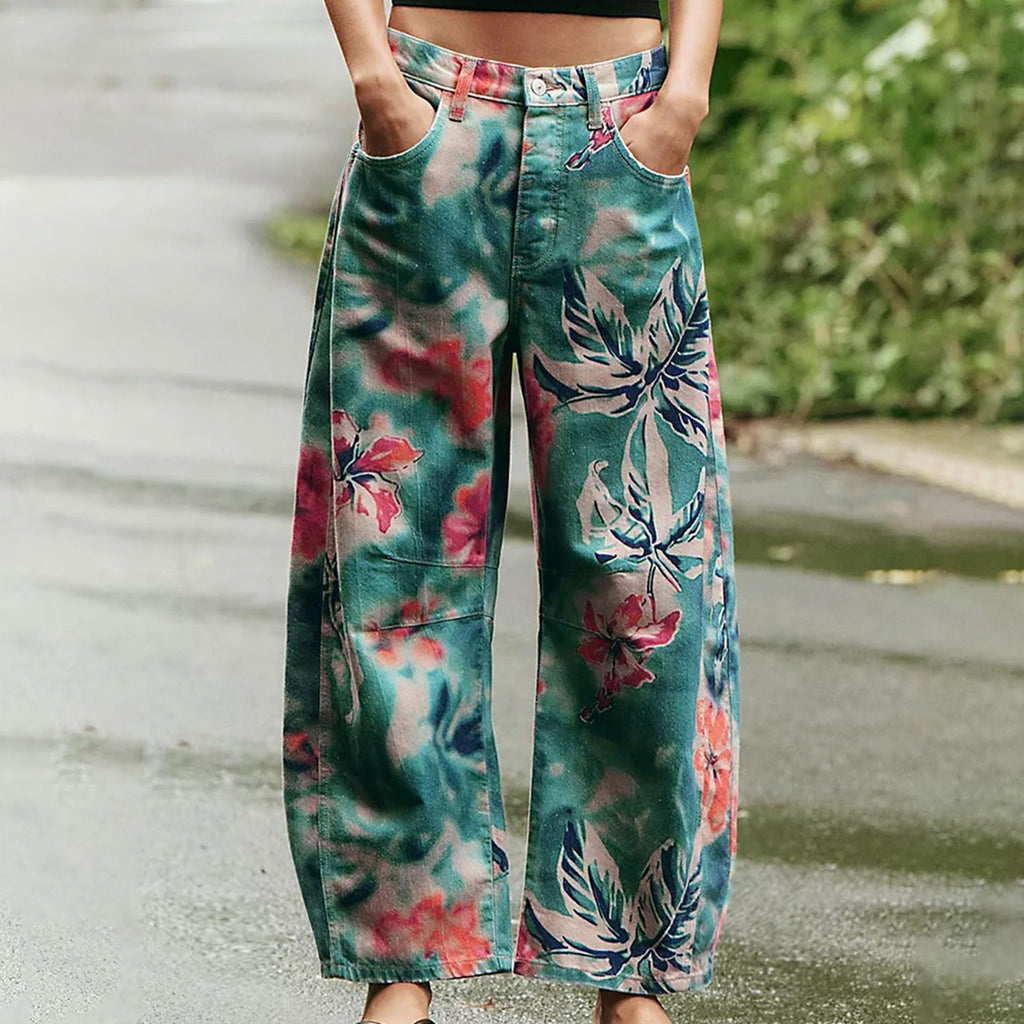 Printed Barrel Leg High Waist Jeans - Blue