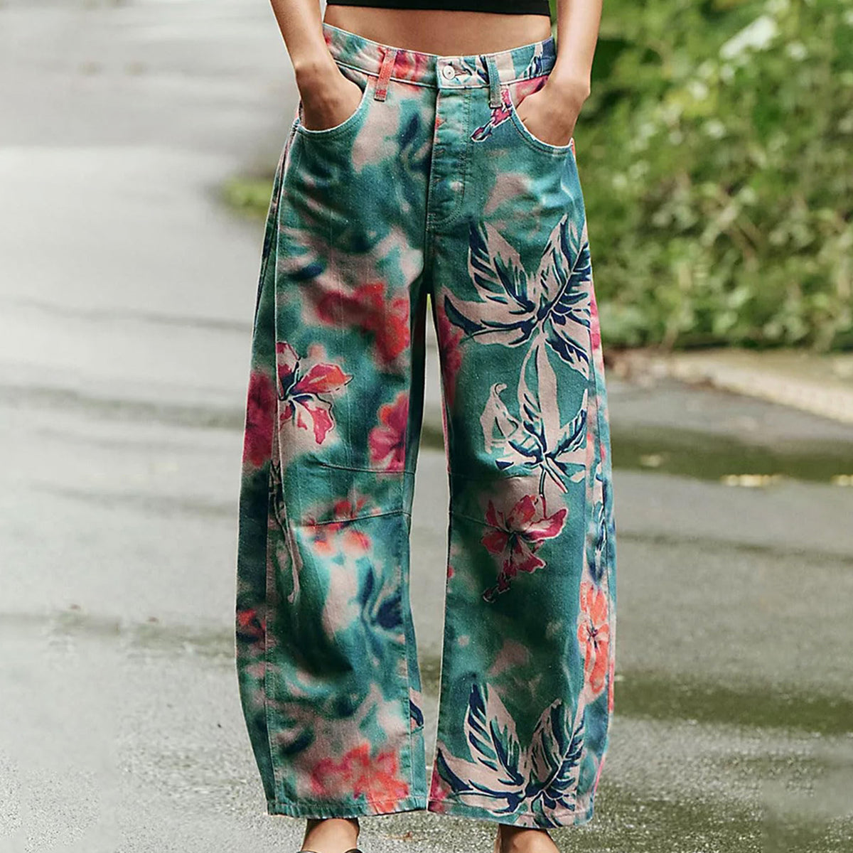 Printed Barrel Leg High Waist Jeans - Blue
