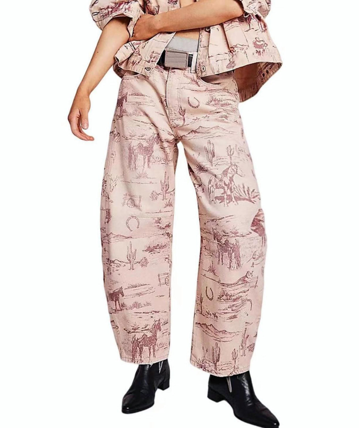 Printed Barrel Leg High Waist Jeans - Pattern