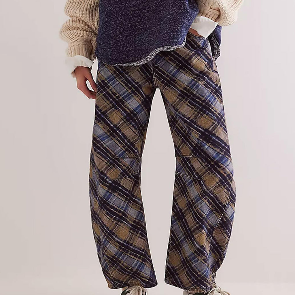 Printed Barrel Leg High Waist Jeans - Plaid