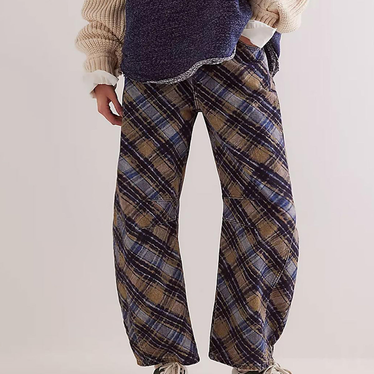 Printed Barrel Leg High Waist Jeans - Plaid