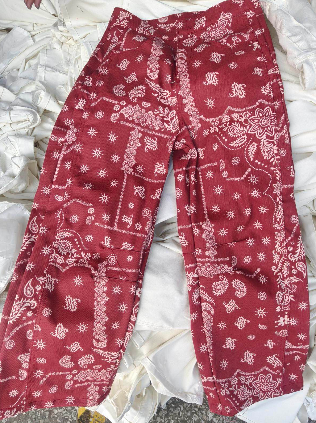 Printed Barrel Leg High Waist Jeans - Red