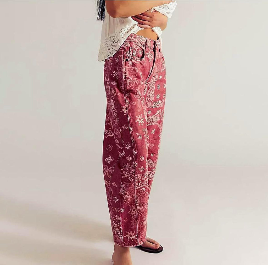Printed Barrel Leg High Waist Jeans - Red - 1