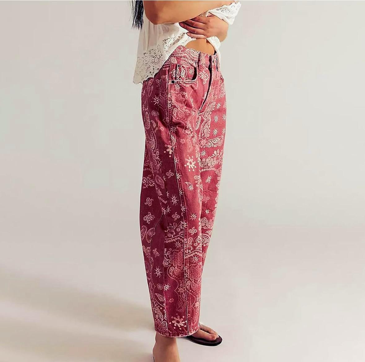 Printed Barrel Leg High Waist Jeans - Red - 1