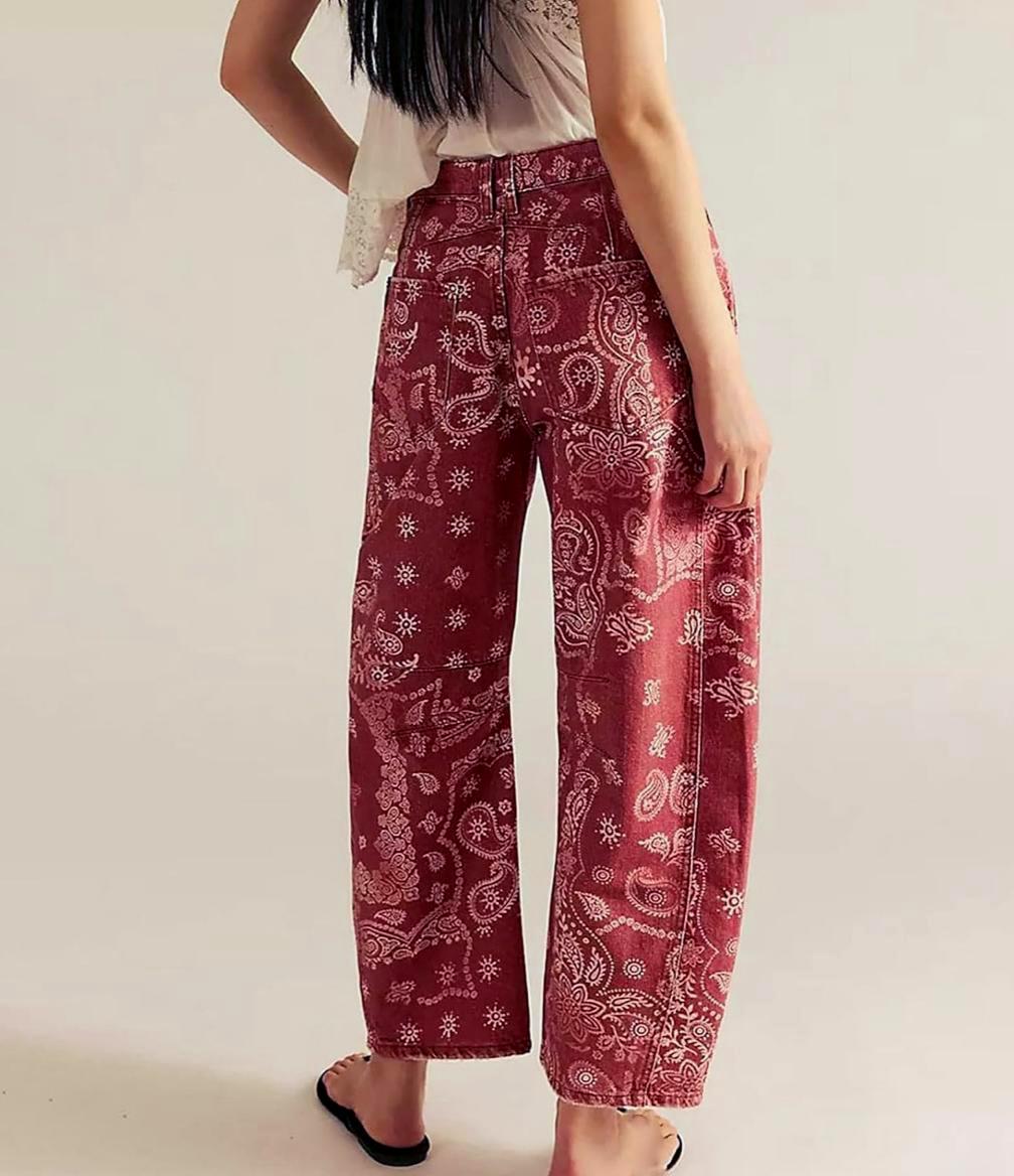 Printed Barrel Leg High Waist Jeans - Red - 2