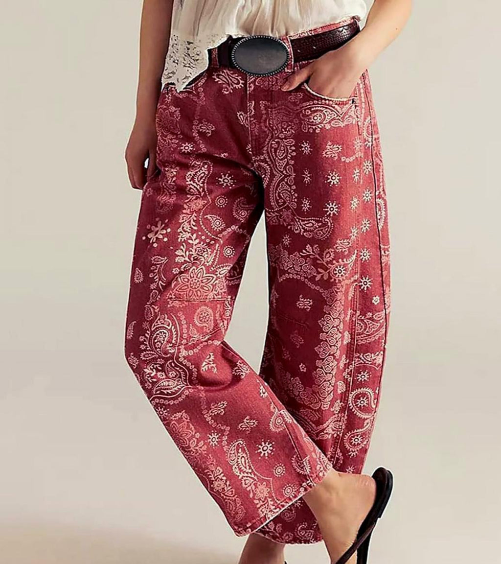 Printed Barrel Leg High Waist Jeans - Red - 3