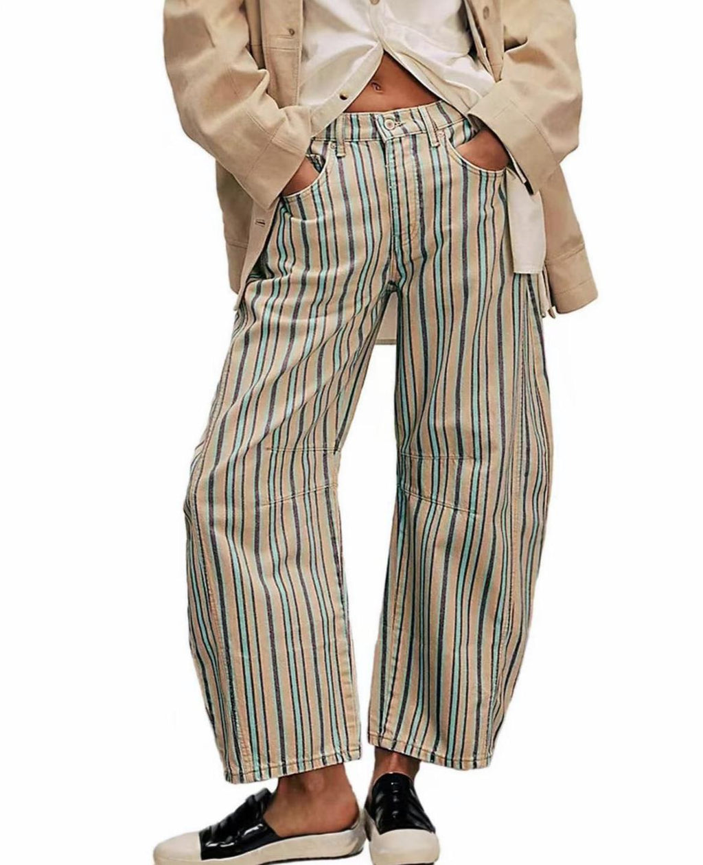 Printed Barrel Leg High Waist Jeans - Stripe