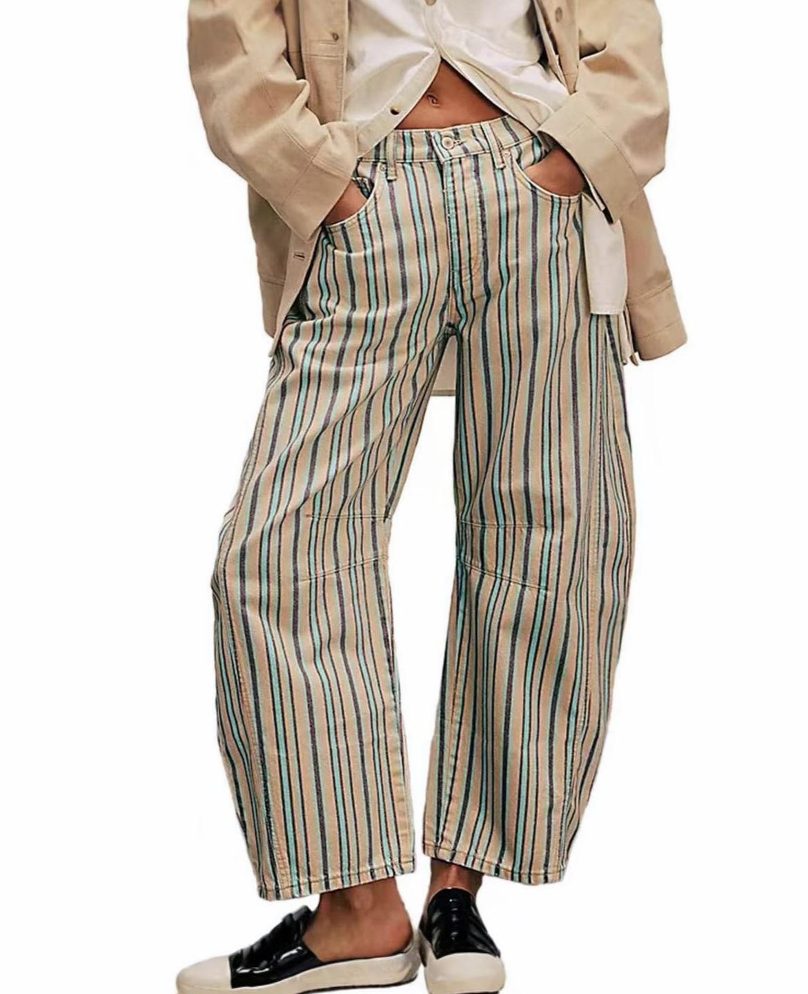 Printed Barrel Leg High Waist Jeans - Stripe