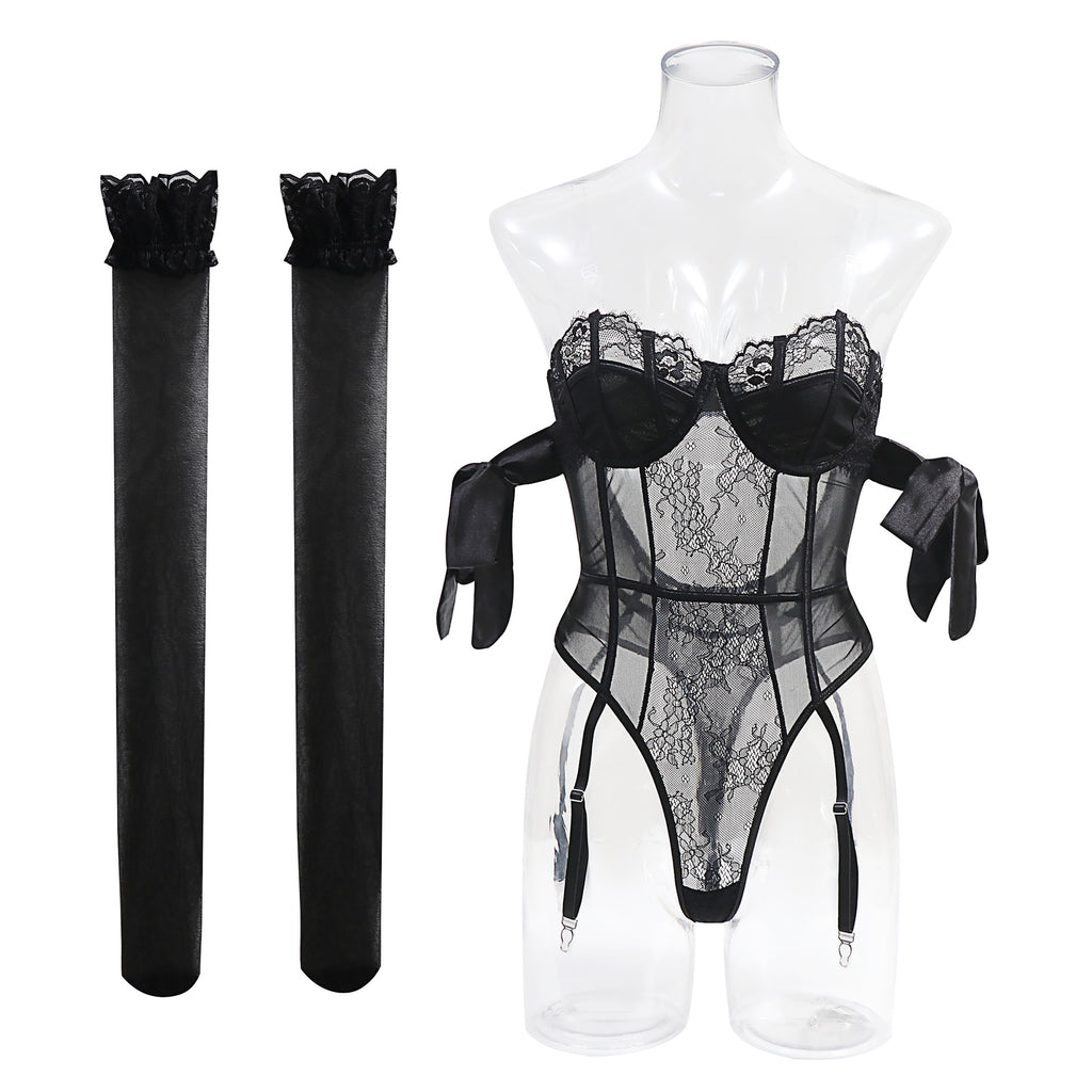 Lace Bodysuit Garter Belt Stocking Set - Black