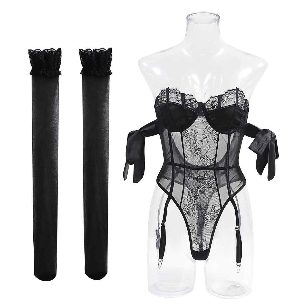 Lace Bodysuit Garter Belt Stocking Set - Black