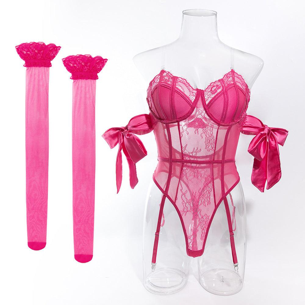 Lace Bodysuit Garter Belt Stocking Set - Pink