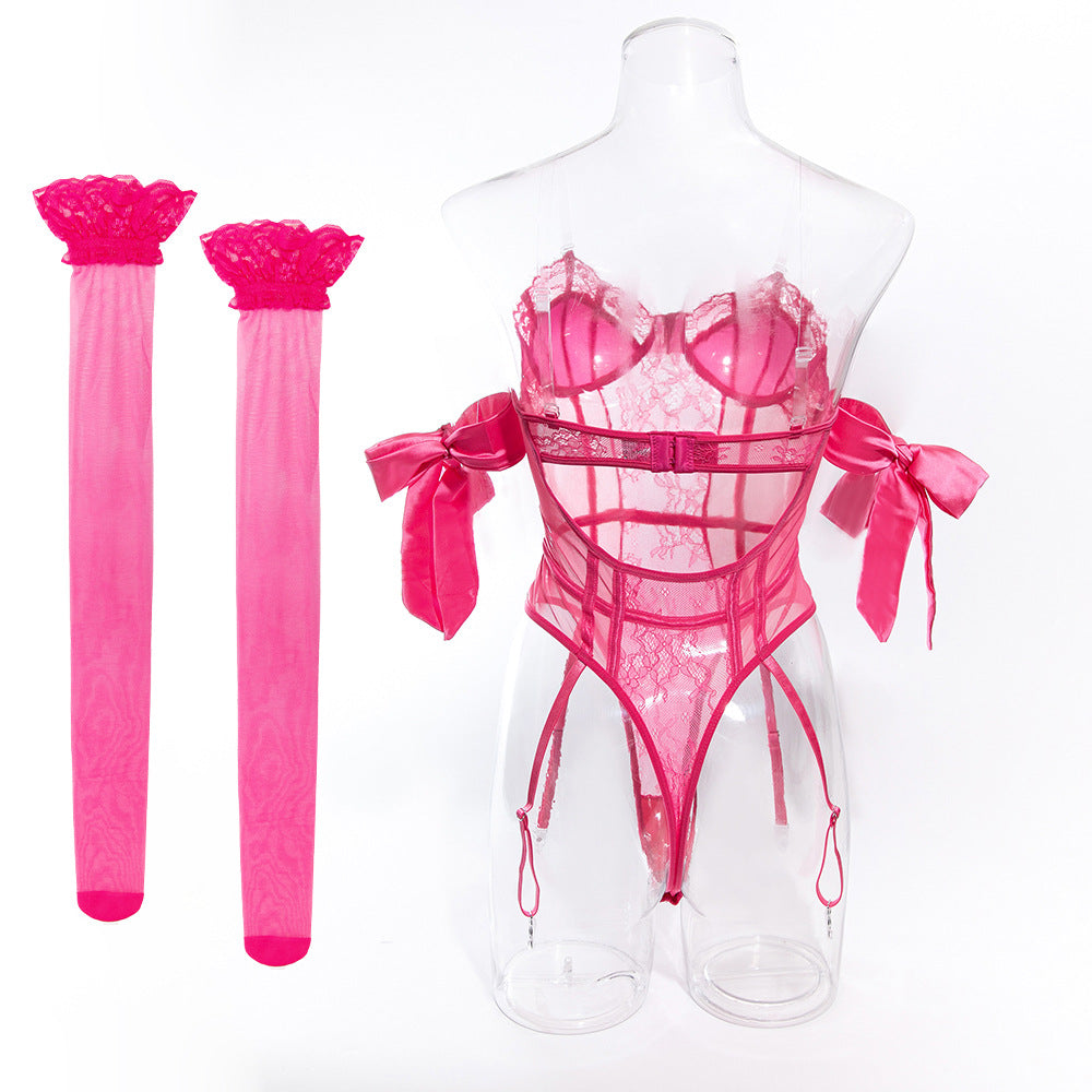 Lace Bodysuit Garter Belt Stocking Set - Pink - 10