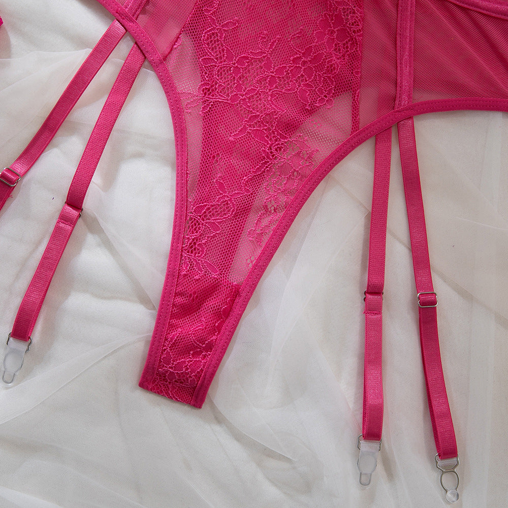 Lace Bodysuit Garter Belt Stocking Set - Pink - 13