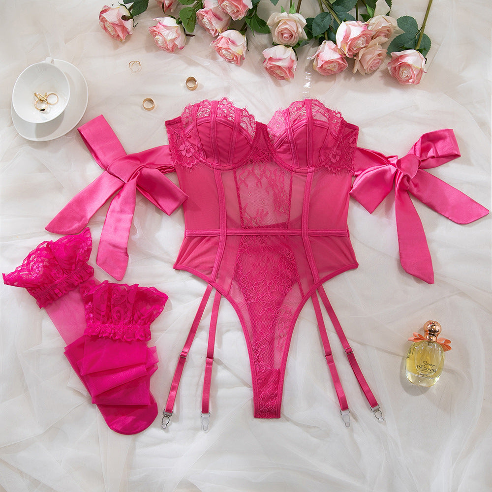 Lace Bodysuit Garter Belt Stocking Set - Pink - 7