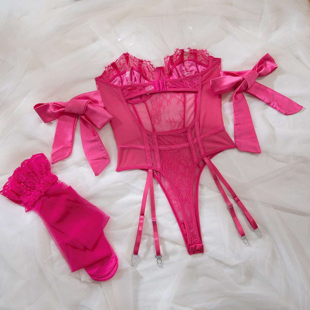 Lace Bodysuit Garter Belt Stocking Set - Pink - 8