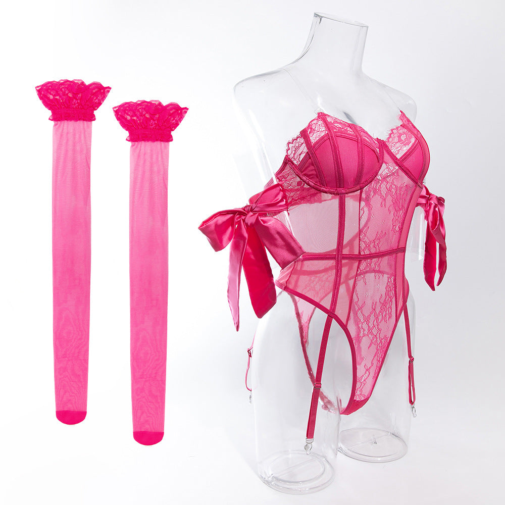 Lace Bodysuit Garter Belt Stocking Set - Pink - 9