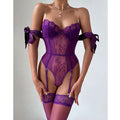 Lace Bodysuit Garter Belt Stocking Set - Purple