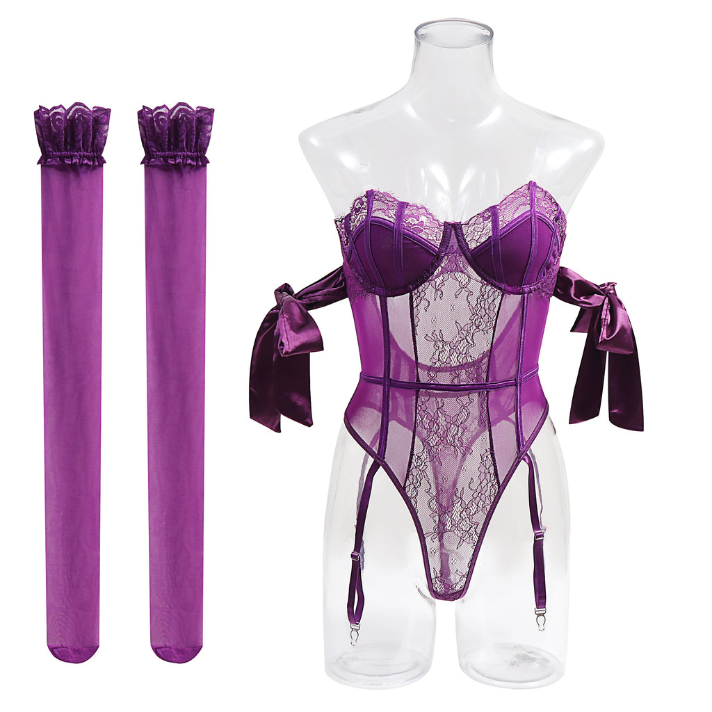Lace Bodysuit Garter Belt Stocking Set - Purple - 1