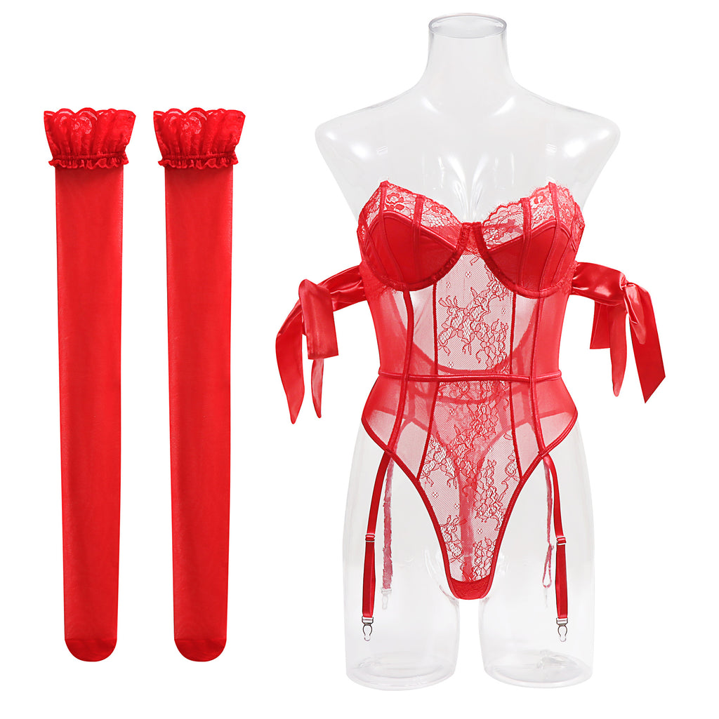 Lace Bodysuit Garter Belt Stocking Set - Red