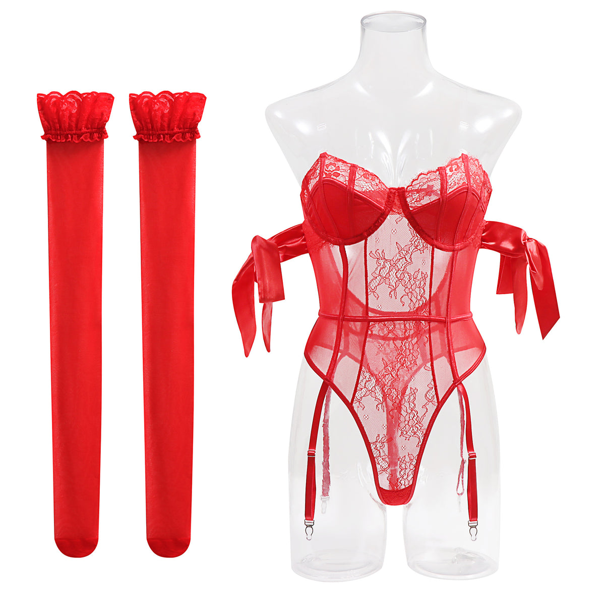 Lace Bodysuit Garter Belt Stocking Set - Red