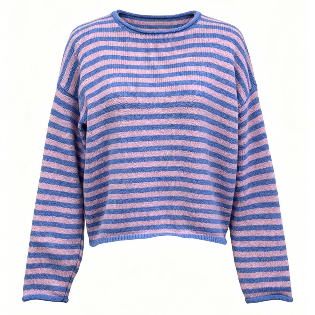 Boxy Cropped Striped Knit Pullover - Blue