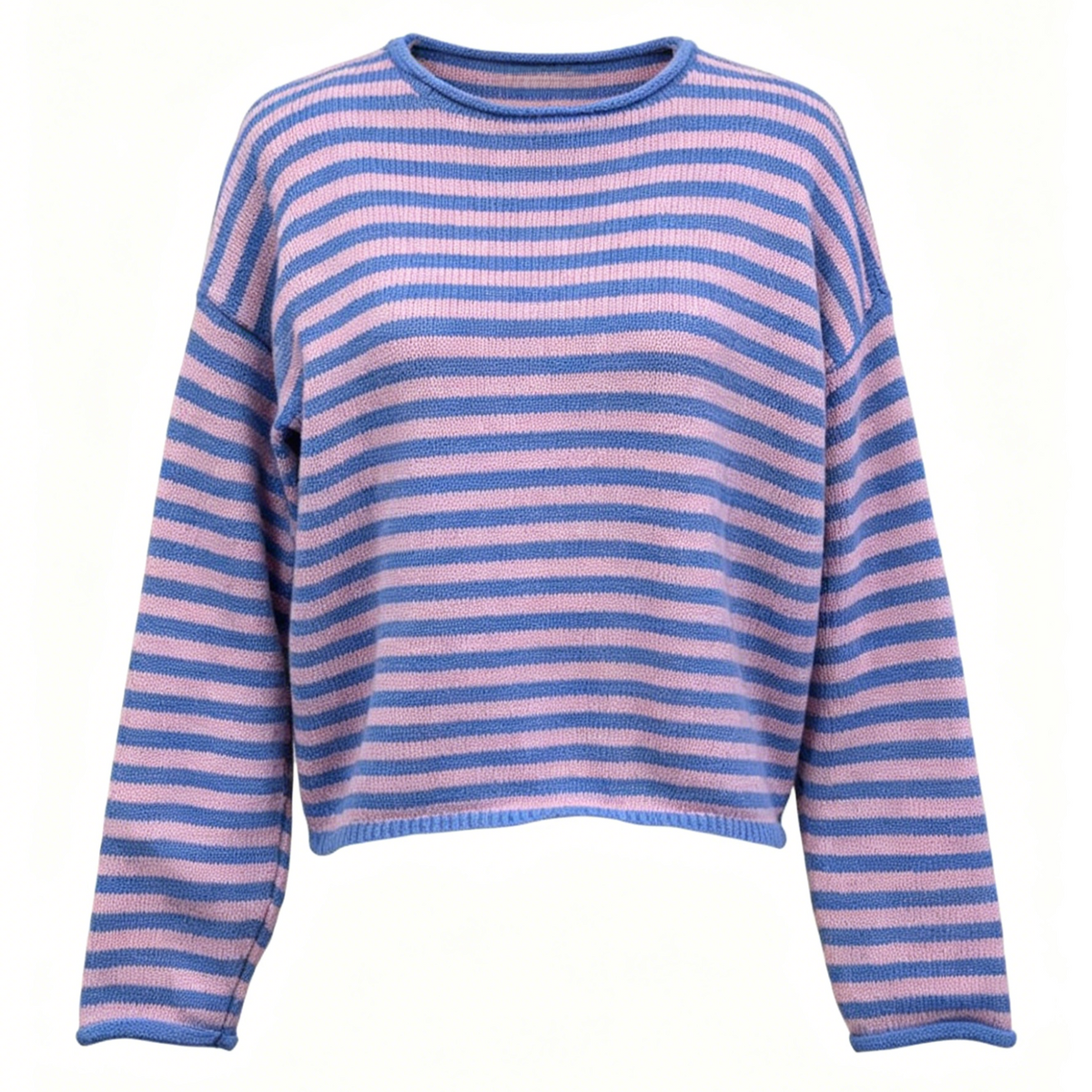 Boxy Cropped Striped Knit Pullover - Blue