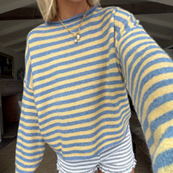 Boxy Cropped Striped Knit Pullover - Yellow
