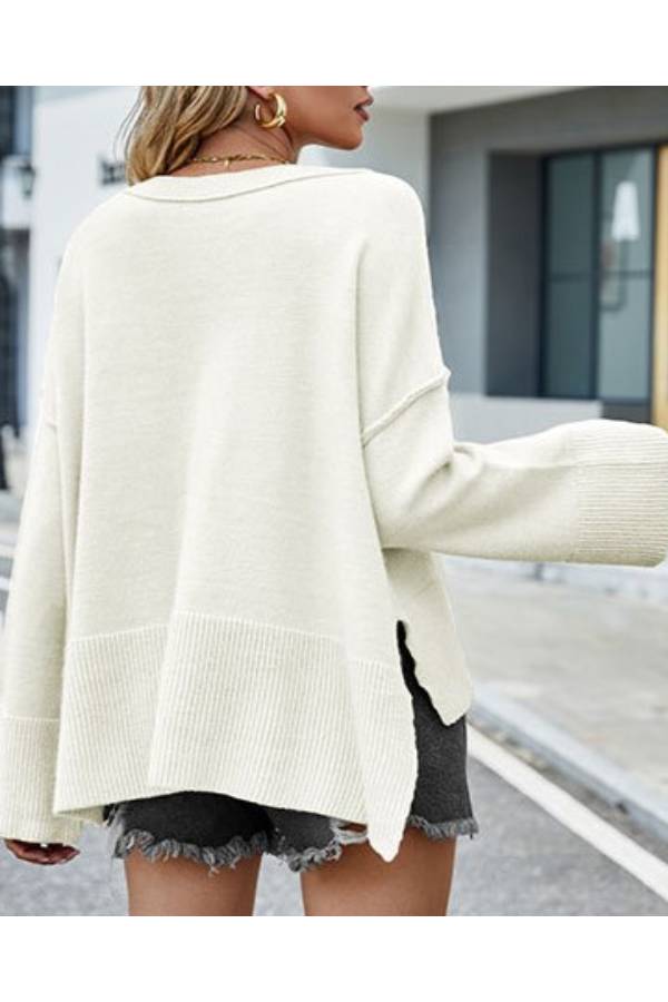 Oversized Flared Sleeve Split Hem Sweater - Apricot - 1