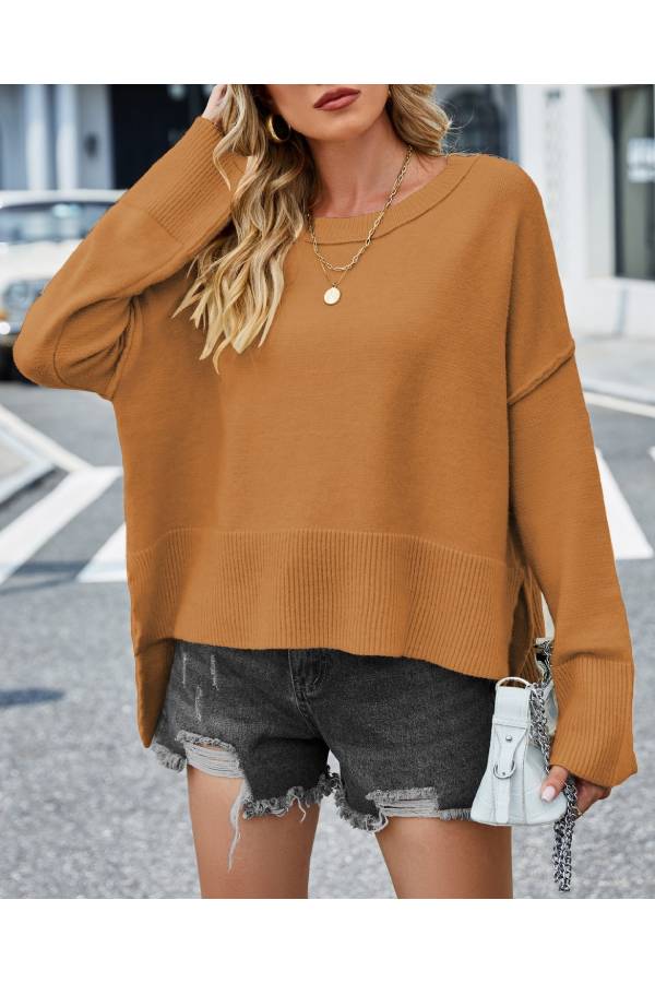 Oversized Flared Sleeve Split Hem Sweater - Yellow