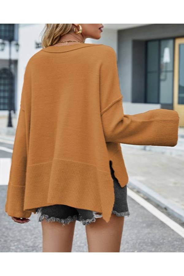 Oversized Flared Sleeve Split Hem Sweater - Yellow - 1