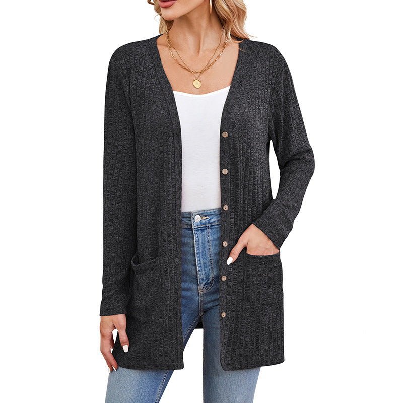 Ribbed Open Front Cardigan With Patch Pockets - Black