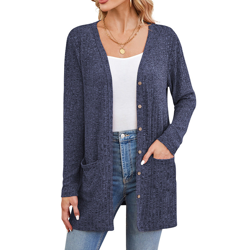 Ribbed Open Front Cardigan With Patch Pockets - Blue