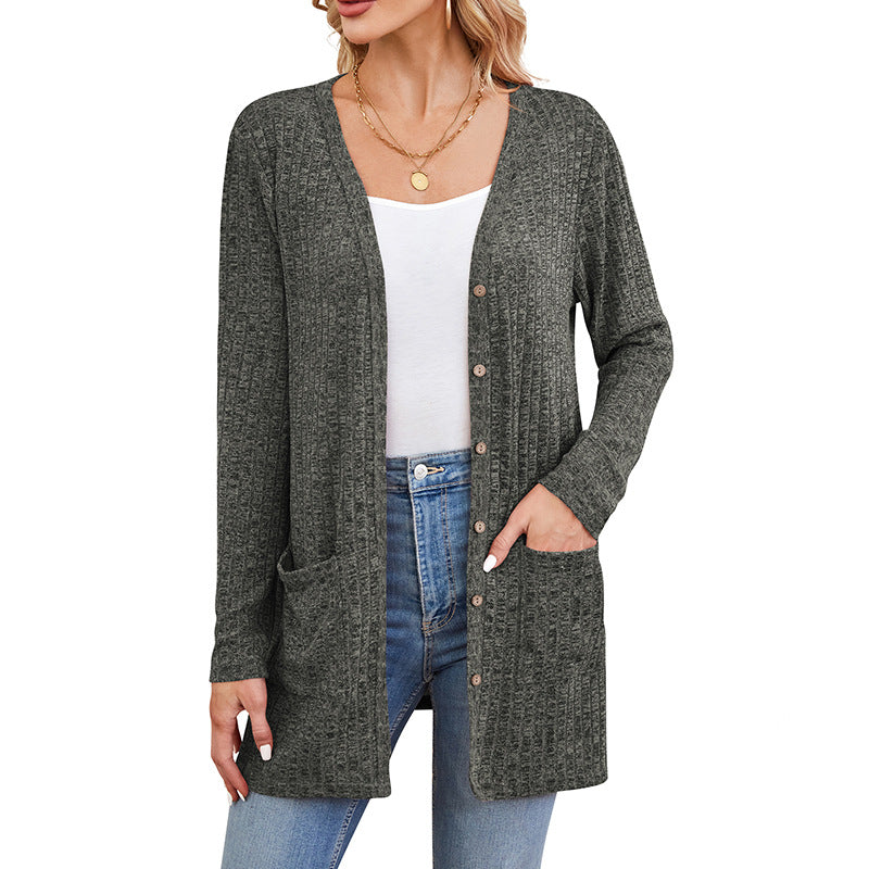 Ribbed Open Front Cardigan With Patch Pockets - Green