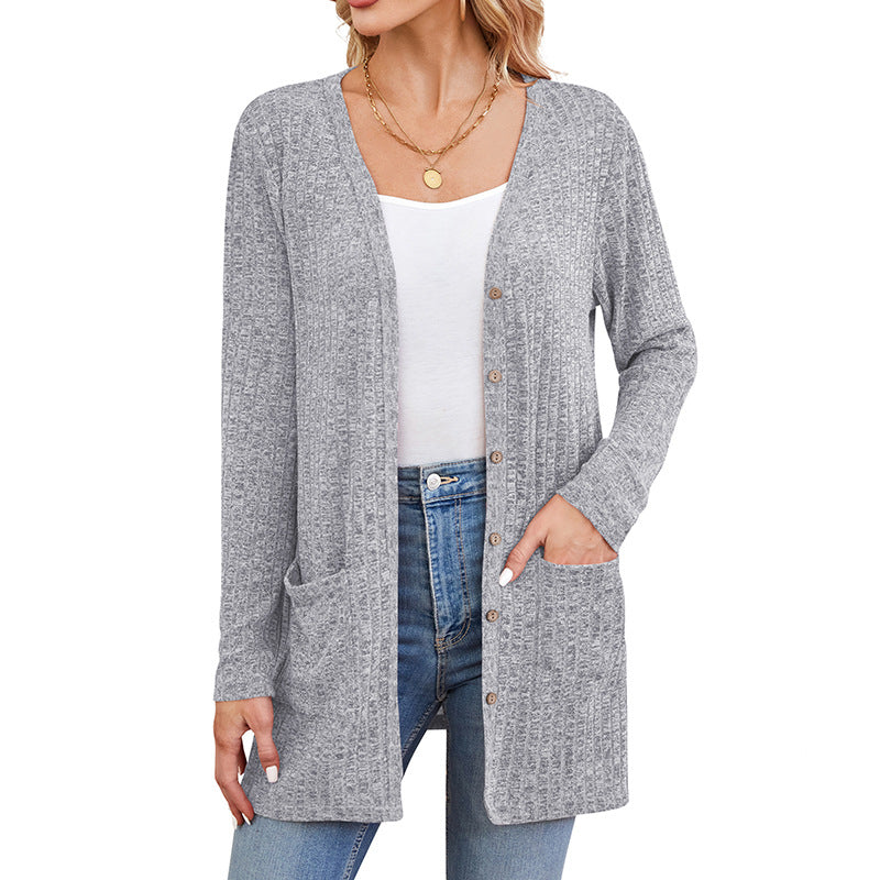 Ribbed Open Front Cardigan With Patch Pockets - Grey