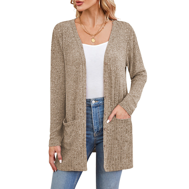 Ribbed Open Front Cardigan With Patch Pockets - Khaki